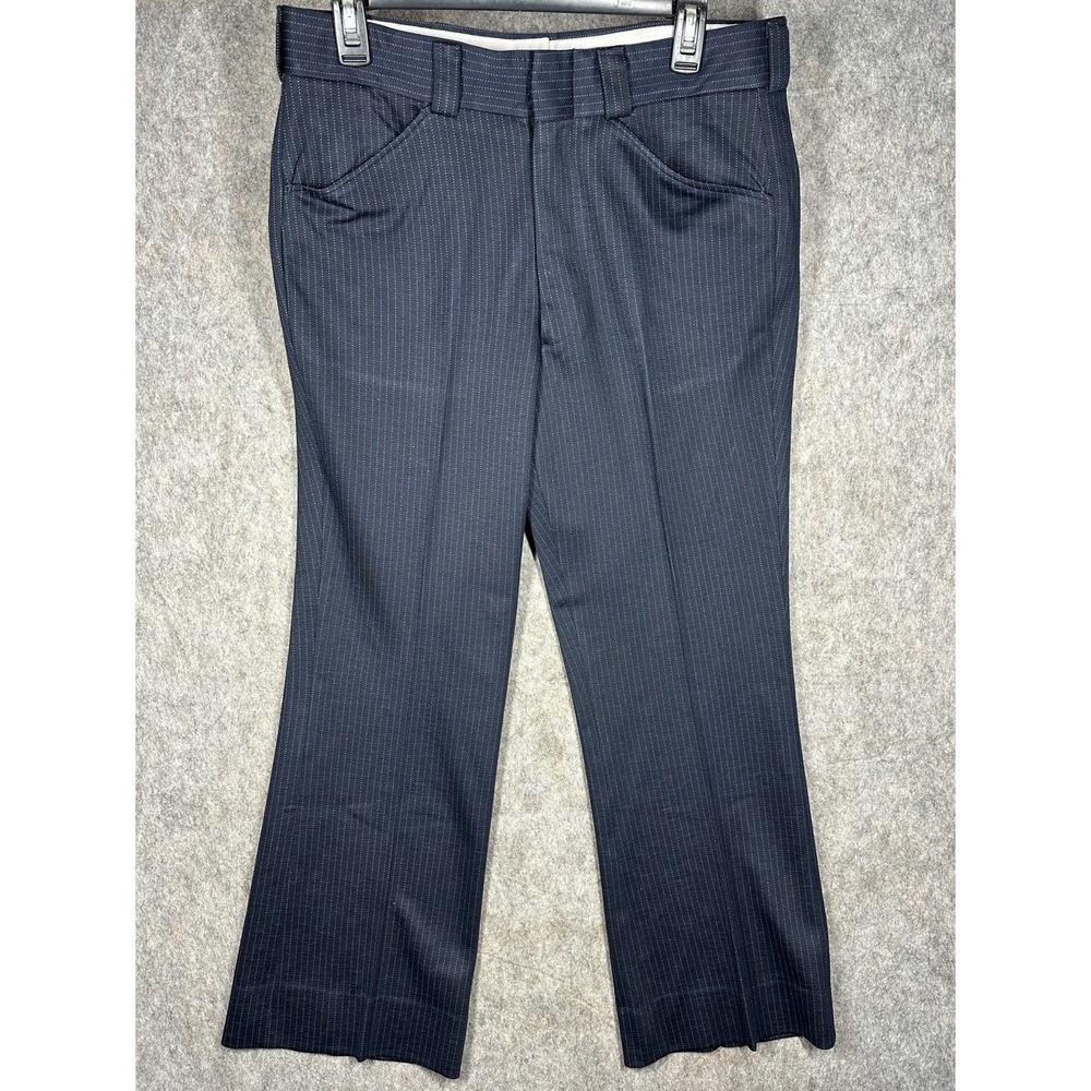 Vintage 70s Mens Pinstripe Dress Pants 33x27 Navy Blue Bootcut Disco Slacks